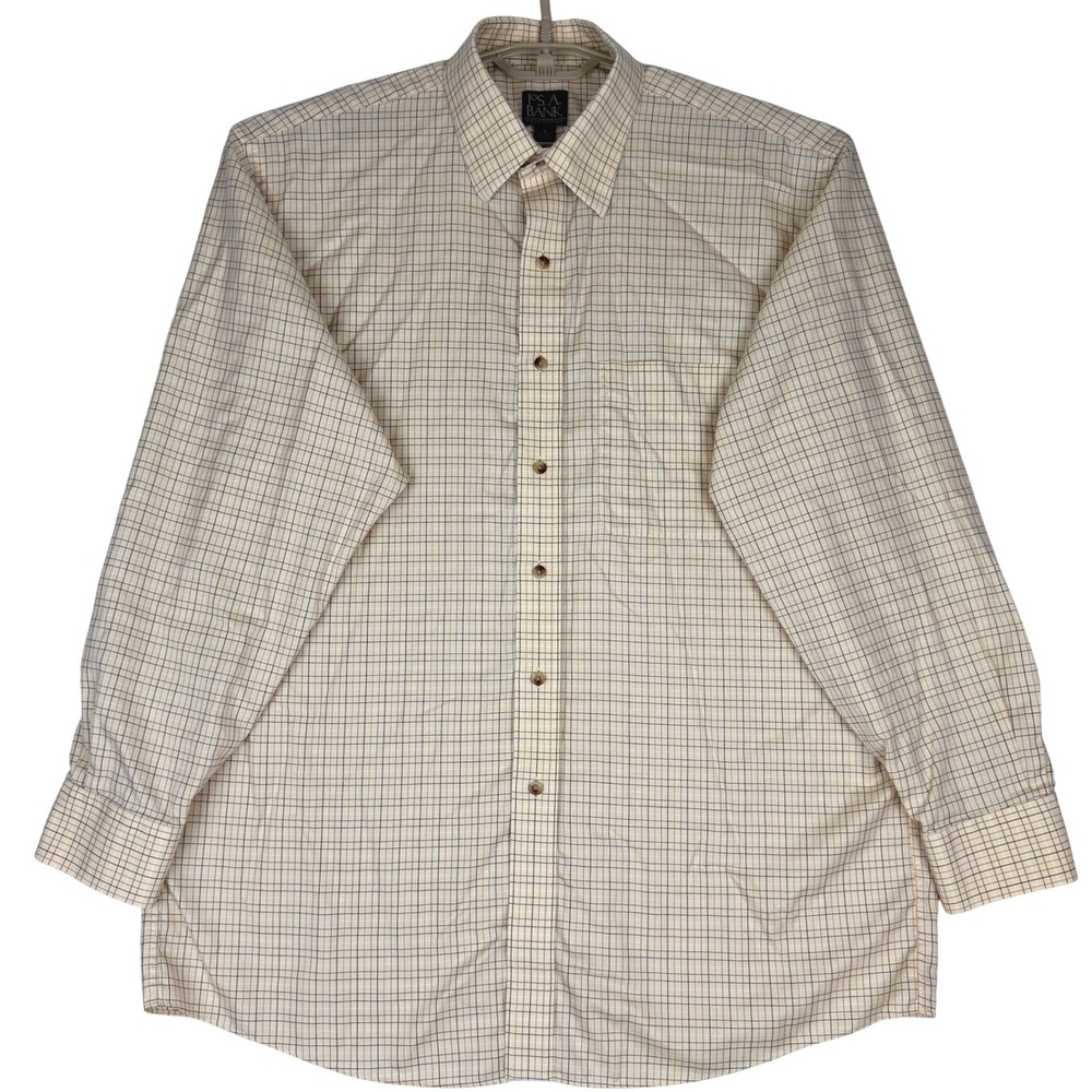 Jos A Bank Travelers Collection Shirt Mens L 100% Cotton Check Plaid Long Sleeve